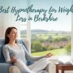 A woman sits relaxed in a chair meditating by a window overlooking a rural landscape, with text promoting hypnotherapy for weight loss in Berkshire.