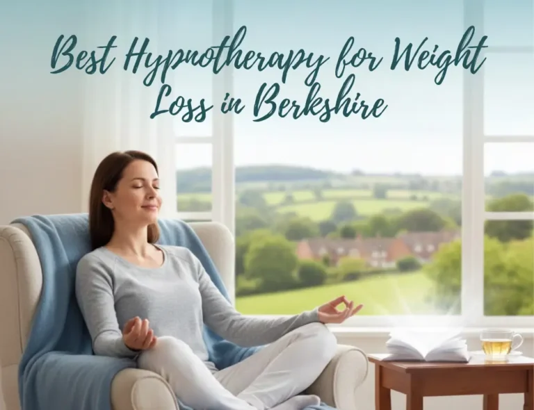 A woman sits relaxed in a chair meditating by a window overlooking a rural landscape, with text promoting hypnotherapy for weight loss in Berkshire.