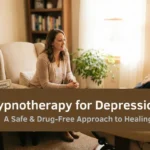 Two women sit in comfortable chairs during a therapy session, with text overlay reading "Hypnotherapy for Depression: A Safe & Drug-Free Approach to Healing."