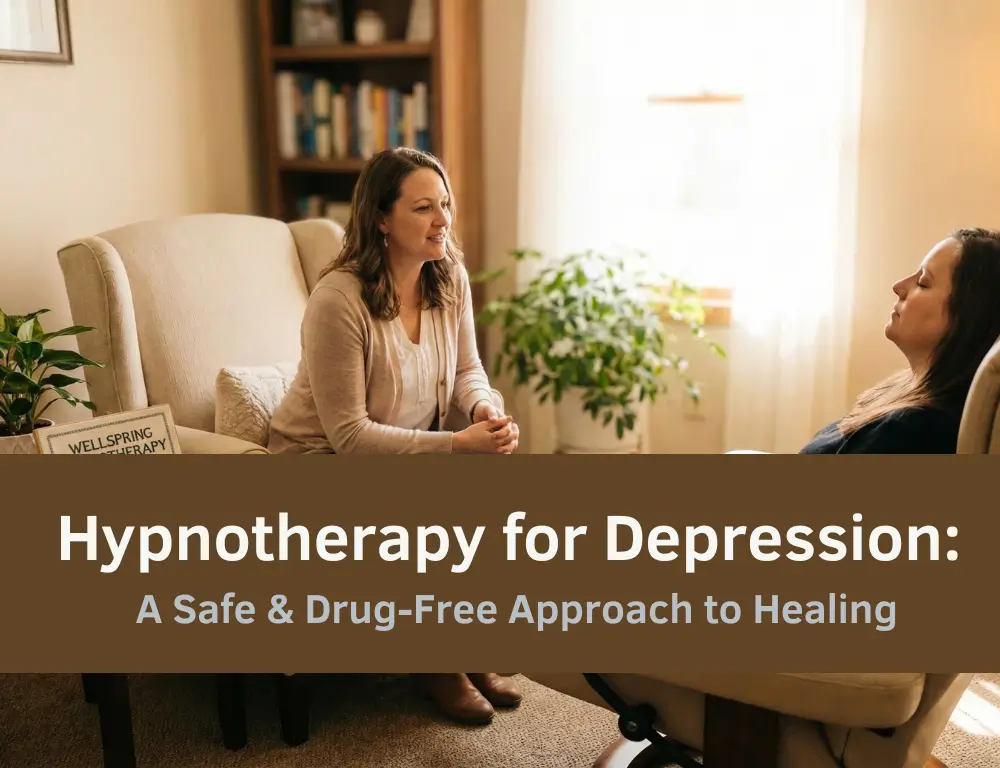 Two women sit in comfortable chairs during a therapy session, with text overlay reading "Hypnotherapy for Depression: A Safe & Drug-Free Approach to Healing."